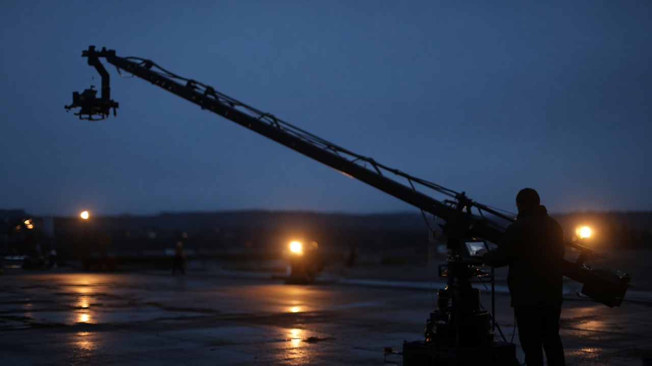 A camera jib arm extended across a production set, operator silhouetted behind the rig against a tungsten-lit background.