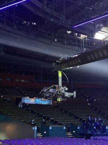 Miami, Florida, March 2024 — Jimmy Jib crane silhouette over the arena floor.