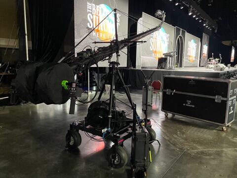 West Palm Beach, Florida, July 2024 — Jimmy Jib crane on its dolly before The Believers' Summit stage.